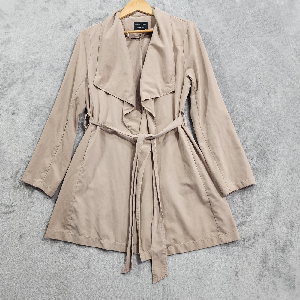 Love Tree Coat Womens L Beige Lightweight Belted Open Front Drape Trench Casual